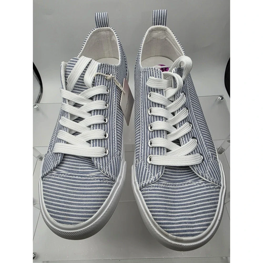Happily Grey Yacht Sneakers Womens 8.5 Blue White Striped New Canvas Lace Up Low